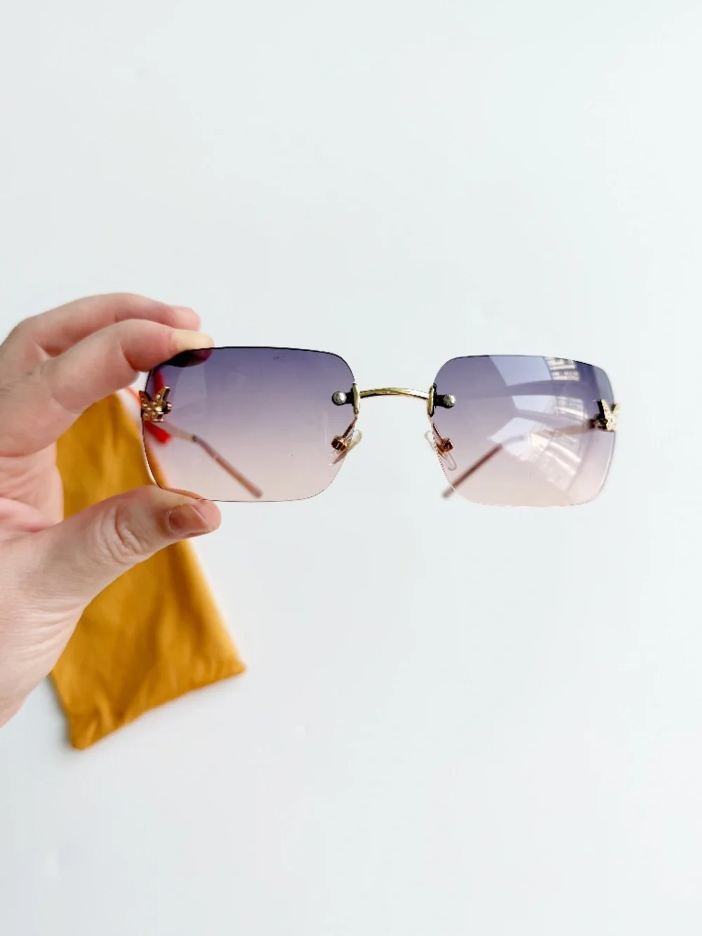 Y2K Rimless Purple Gradient Sunglasses Rhinestone Butterfly Gold Tone Retro